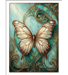 Beyaz Kelebek Art Nouveau Çerçeve Dekoratif Kanvas - Mdf Ahşap Tablo