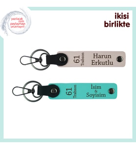 Trabzon Aşkını Taşıyan Çiftli Deri Anahtarlık Tasarımı, İsim Yazılabilen Detay, Pudra-Turkuaz