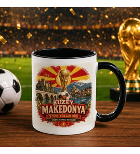 BK Gift Kuzey Mekadonya Taraftar Temalı Dünya Futbol Kupası Tasarımlı Siyah Kupa Bardak-2
