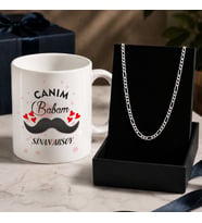 BK Gift Kişiye Özel Babalar Günü Tasarımlı Beyaz Kupa & Figaro Zincir Kolye -3, Babalar Günü Hediyesi