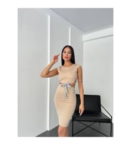 BELDEN FİYONKLU KADIN ELBİSE - SIRTI AÇIK ÇOK ŞIK KADIN ELBİSE (Pudra)
