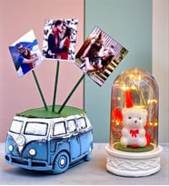 Kişiye Özel Hediye Seti 3 Fotoğraflı Mavi Vosvos Saksı ve Led Işıklı Fanus (Model 5)