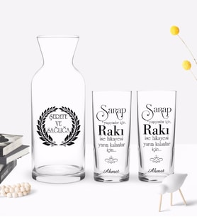 BK Gift Kişiye Özel Renkli Baskılı Yarım Kalanlar İçin Tasarımlı İkili Rakı Bardağı ve Karaf Hediye Seti-1 (Model 1)