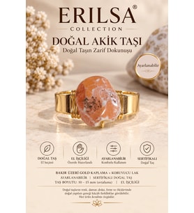 Sertifikalı Doğal Akik Taşı Yüzük Gold Kaplama Bakır Kasa Ayarlanabilir El İşçiliği