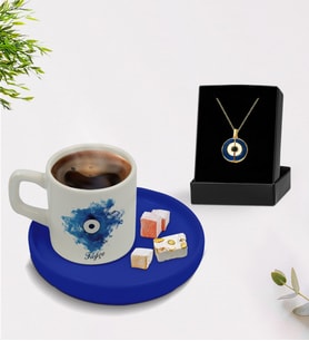 BK Gift Kişiye Özel İsimli Mavi Sunum Tabaklı Türk Kahvesi Fincanı ve Açılan Nazar Kolye Hediye Seti -1