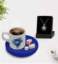 BK Gift Kişiye Özel İsimli Mavi Sunum Tabaklı Türk Kahvesi Fincanı ve Açılan Nazar Kolye Hediye Seti -1