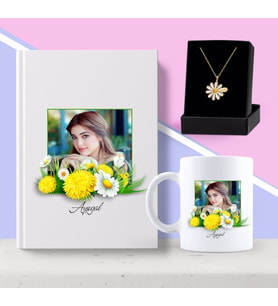 BK Gift Kişiye Özel Papatya Temalı Fotoğraflı Beyaz Defter Kupa ve Papatya Kolye Seti-1 (Model 1)
