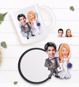 BK Gift Kişiye Özel Evleniyoruz Karikatürlü Beyaz Kupa ve Ahşap Bardak Altlığı Hediye Seti-6