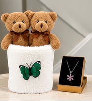 Peluş Saksıda Peluş Ayıcık Buketi ve Gerçek Pembe Ametist Taşlı Lotus Kolye Kadına Sevgiliye Hediye