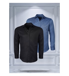 Todth 2'li Paket Kolay Ütülenebilen Dört Mevsim Modern Fit Yumuşak Dokulu Siyah Ve Indigo Düz Gömlek