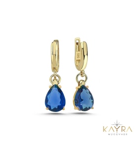 Mavi Topaz  Damla Taşlı Altın Küpe AHK19