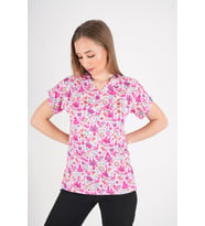 Unisex Pembe Prenses Desenli Likralı Scrubs Hemşire Doktor Hastane Üst Üniforması