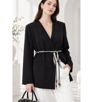 Kadın Şık Fular Kemerli Kruvaze Yaka Ceket - Kuşaklı Blazer Ceket - Kahverengi