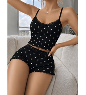 Fantezia Night Kadın Siyah Puantiyeli Dantelli Yumuşak Askılı Şortlu Pijama Takımı 5268