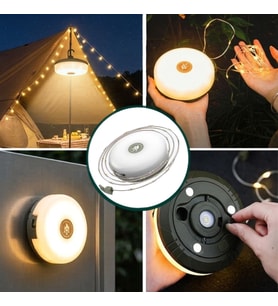 2’si 1 Arada 5 Farklı Işık Modlu Gün Işığı Şarjlı Kamp Lambası ve Makaralı 10 Metre Peri LED Işık – Su Geçirmez Mıknatıslı Aydınlatma Feneri (5680)