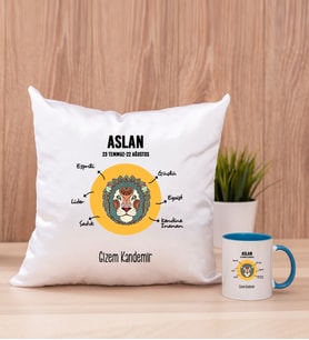 Kişiye Özel Aslan Burcuna Hediye Kare Yastık ve Mavi Kupa