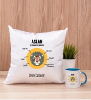 Kişiye Özel Aslan Burcuna Hediye Kare Yastık ve Mavi Kupa