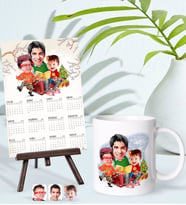 BK Gift Kişiye Özel Aile Yılbaşı Karikatürlü Kupa Bardak ve 13x18cm Fotoğraf Kartlı Şövaleli 2024 Takvim Hediye Seti-1
