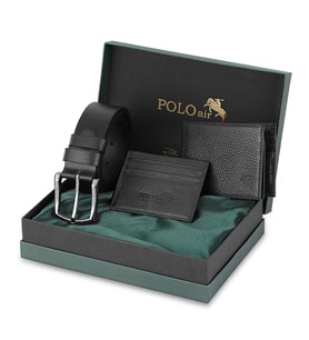 Polo Air Erkek %100 Hakiki Deri Cüzdan Kartlık Kemer Kombin Set Siyah Renk M-8003-S (Siyah)