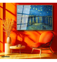 Altın Renk Metal Çerçeveli Tamperli Cam Tablo Van Gogh Rhone Üzerinde Yıldızlı Gece Rıhtım Ressam Tablosu Duvar Dekoru
