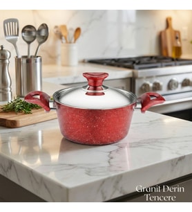 ARZU ÇELİK 18 Cm Granit Derin Tencere Çelik Kapak - Kırmızı