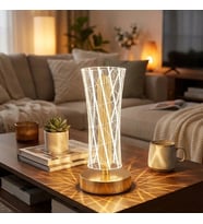 Silindirik Kristal Çizgi Model LED Masa Lambası – Gold Tabanlı, Dokunmatik, 3 Renk Işık Modlu, Şarjl