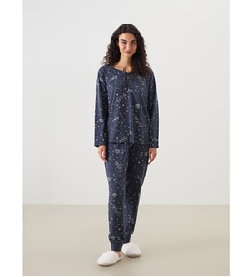 LCW DREAM Lacivert Bağlamalı Yaka Baskılı Kadın Pijama Takımı