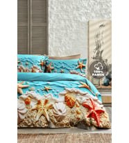 %100 Pamuk Ranforce Çeyizlik Luxury 5d Dijital Çift Kişilik Nevresim Takımı Sea Of Dreams (Ekru-Mavi)