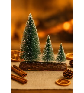 3’lü Mini Kar Efektli Ahşap Kütük Üstünde Hoşgeldin Yeni Yıl Mini Noel Çam Ağacı Seti 16 – 11– 10 Cm (Yeşil)