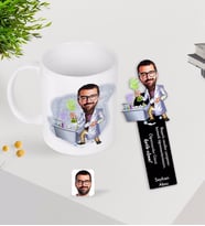 BK Gift Kişiye Özel Erkek Kimya Öğretmeni Karikatürlü Kupa Bardak ve Ahşap Kitap Ayracı-2