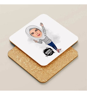 Kişiye Özel Tesettürlü Mutlu Kadın Karikatürlü Bardak Altlığı