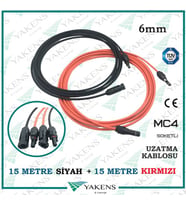 Güneş Paneli Uzatma Kablosu (15m+15m) 30 Metre 6mm Çift Taraflı Hazır Soketli Solar Ara Kablo Siyah Kırmızı (Siyah-Kırmızı)