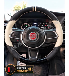 Fiat Egea Makyajlı Dikme Direksiyon Kılıfı Delikli Deri Parlak Siyah Bej Detay Çift Yüzük ve Dikiş 2021-2026