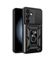 Samsung Galaxy S24 FE Kılıf Yüzüklü Standli Sürgülü Kamera Korumalı Tank Sert Silikon Kapak (Siyah)