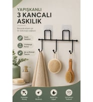 3 Kancalı Yapışkanlı Banyo Askısı - Siyah Metal Duvar Askısı