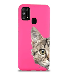 Samsung Galaxy M31 Uyumlu Lansman Kılıf Catface Tasarımlı İçi Kadife Kapak-Neon Pembe (Şeffaf)