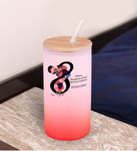 BK Gift Kadınlar Gününe Özel İsimli Kırmızı Renk Pipetli Buzlu Cam Bardak 600ml - 3, 8 Mart Kadınlar Günü