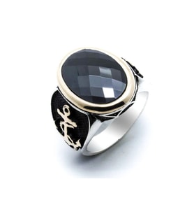 Erkek Siyah Zirkon Taşlı Çapa Figürlü 925 Ayar Gümüş Yüzük