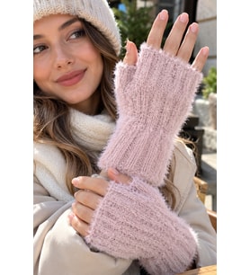 Yumuşak Dokulu Parmaksız Kışlık Eldiven - Peluş Tüylü Yarım Kesik Model