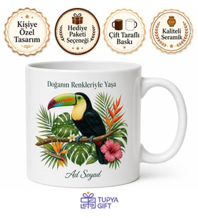 Toucan Temalı Baskılı Kupa Bardak Hediye Özel Tasarım Porselen Mug