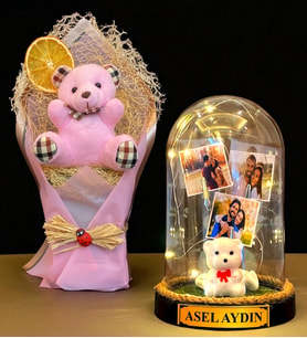 Kişiye Özel İsimli 3 Fotoğraflı Led Işıklı Fanus ve Pembe Peluş Ayıcık Buketi (Model 3)