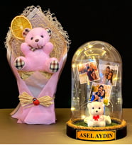 Kişiye Özel İsimli 3 Fotoğraflı Led Işıklı Fanus ve Pembe Peluş Ayıcık Buketi (Model 3)
