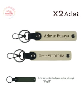 Komşuya Yılbaşı Jest, İsim Yazılı 2’li Anahtarlık Seti, Sütlü Kahve-Yeşil