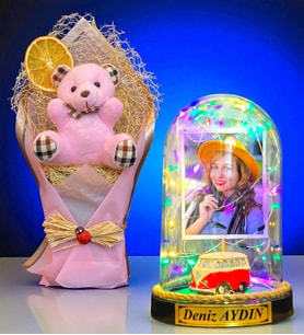 Kişiye Özel İsimli Fotoğraflı Renkli Led Işıklı Fanus ve Pembe Peluş Ayıcık Buketi (Model 2)