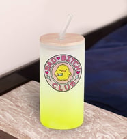 BK Gift Esprili Tasarım Sarı Renk Pipetli Buzlu Cam Bardak 600ml - 1, Arkadaşa Hediye, Doğum Günü Hediyesi