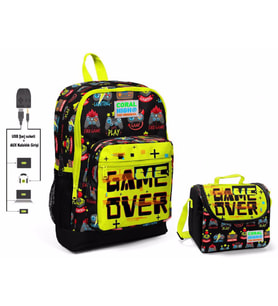 Coral High Game Over Baskılı Okul Çantası ve Beslenme Çantası Seti - Erkek Çocuk - USB Soketli