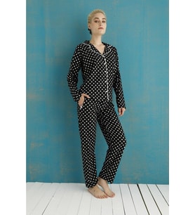 Pijamoni Kadın Süet Boydan Düğmeli Pijama Takımı - 5660-15 (Siyah)