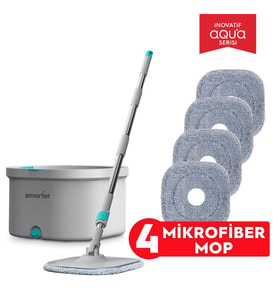 SMARTER AQUA MASTER 4 ADET MİKROFİBER MOP TEMİZ&KİRLİ SUYU AYIRMA ÖZELLİĞİ OTOMATİK TEMİZLİK SETİ PASPAS (Gri)