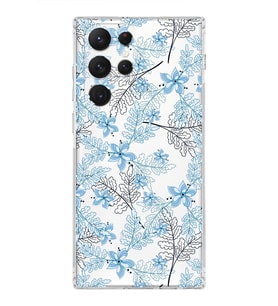 Samsung Galaxy S22 Ultra  Kamera Korumalı Kapak Floral Mavi Tasarımlı  Şeffaf Kılıf