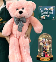 Kişiye Özel 3 Fotoğraflı, İsimli Led Işıklı Fanus ve Büyük Boy Pembe Peluş Ayıcık (Model 8)